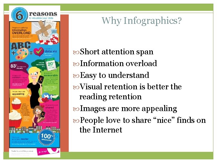 Why Infographics? Short attention span Information overload Easy to understand Visual retention is better