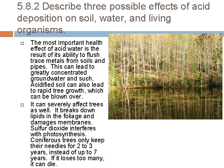 5. 8. 2 Describe three possible effects of acid deposition on soil, water, and