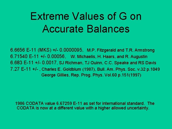 Extreme Values of G on Accurate Balances 6. 6656 E-11 (MKS) +/- 0. 0000095,