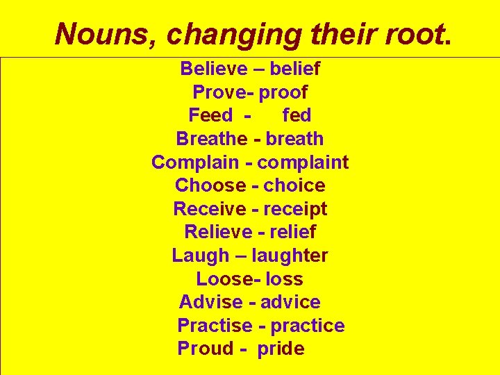 Nouns, changing their root. Believe – belief Prove- proof Feed fed Breathe - breath