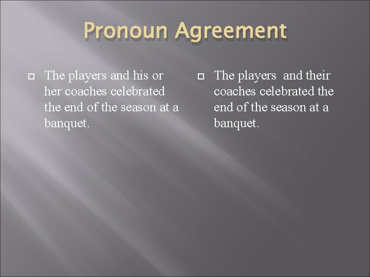 Pronoun Agreement The players and his or her coaches celebrated the end of the