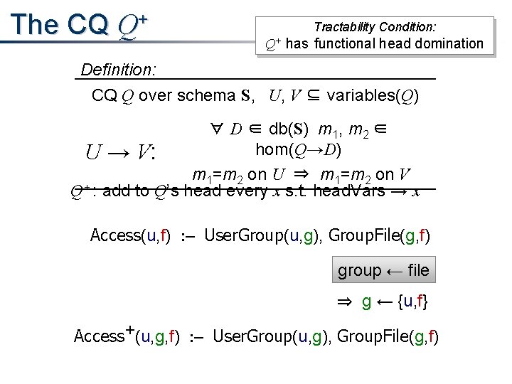 The CQ Q+ Tractability Condition: Q+ has functional head domination Definition: CQ Q over