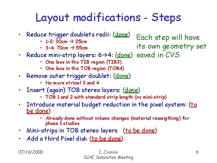 Layout modifications - Steps • Reduce trigger doublets radii: (done) Each step will have