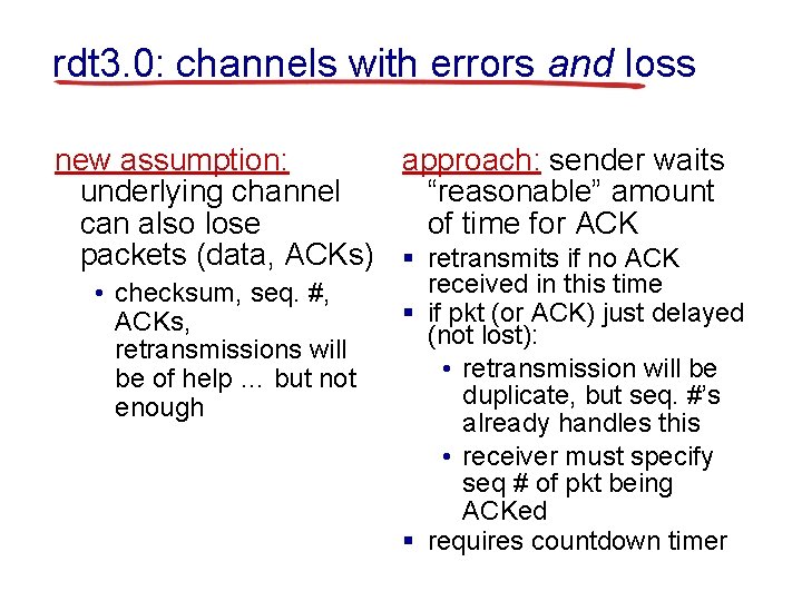 rdt 3. 0: channels with errors and loss new assumption: approach: sender waits underlying