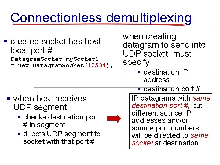 Connectionless demultiplexing § created socket has hostlocal port #: Datagram. Socket my. Socket 1