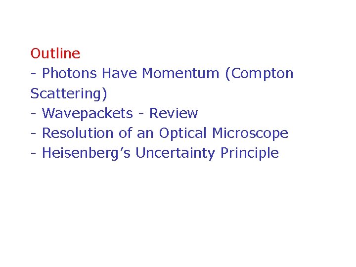 Outline - Photons Have Momentum (Compton Scattering) - Wavepackets - Review - Resolution of
