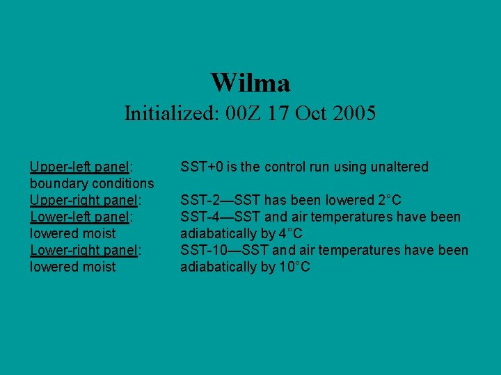 Wilma Initialized: 00 Z 17 Oct 2005 Upper-left panel: boundary conditions Upper-right panel: Lower-left