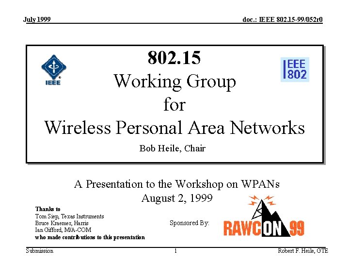 July 1999 doc. : IEEE 802. 15 -99/052 r 0 802. 15 Working Group