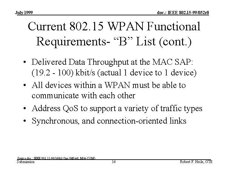 July 1999 doc. : IEEE 802. 15 -99/052 r 0 Current 802. 15 WPAN