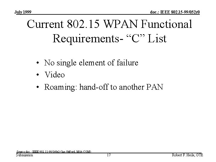 July 1999 doc. : IEEE 802. 15 -99/052 r 0 Current 802. 15 WPAN