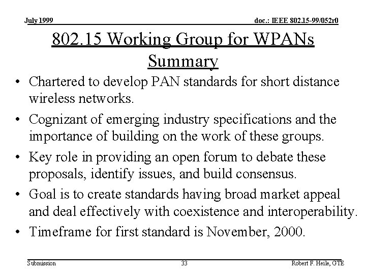 July 1999 doc. : IEEE 802. 15 -99/052 r 0 802. 15 Working Group