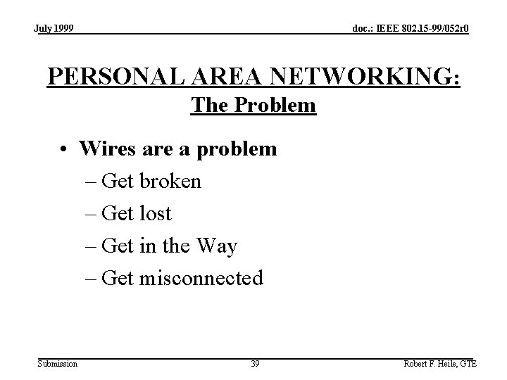 July 1999 doc. : IEEE 802. 15 -99/052 r 0 PERSONAL AREA NETWORKING: The