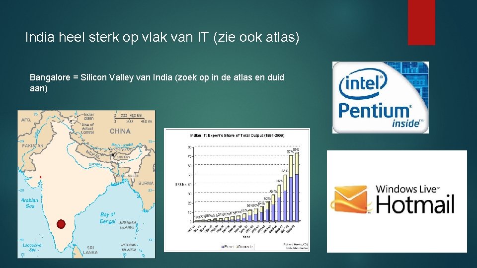 India heel sterk op vlak van IT (zie ook atlas) Bangalore = Silicon Valley