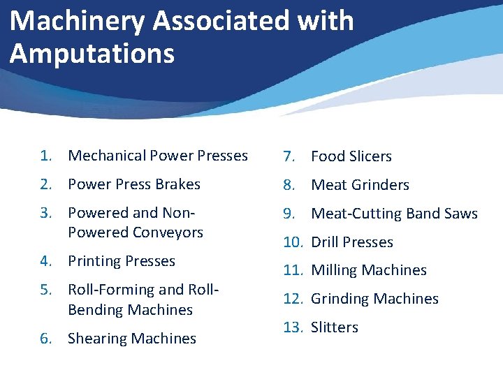 Machinery Associated with Amputations 1. Mechanical Power Presses 7. Food Slicers 2. Power Press