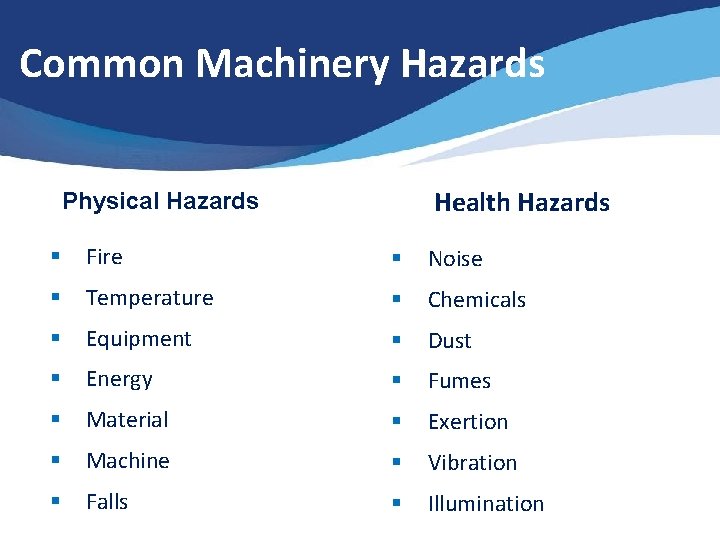 Common Machinery Hazards Physical Hazards Health Hazards § Fire § Noise § Temperature §