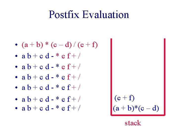 Postfix Evaluation • • (a + b) * (c – d) / (e + Postfix Evaluation • • (a + b) * (c – d) / (e +