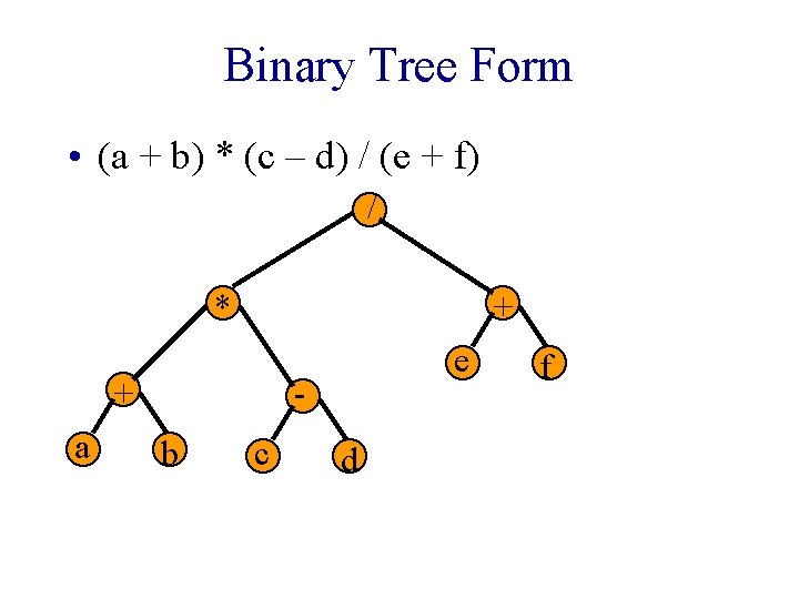 Binary Tree Form • (a + b) * (c – d) / (e + Binary Tree Form • (a + b) * (c – d) / (e +