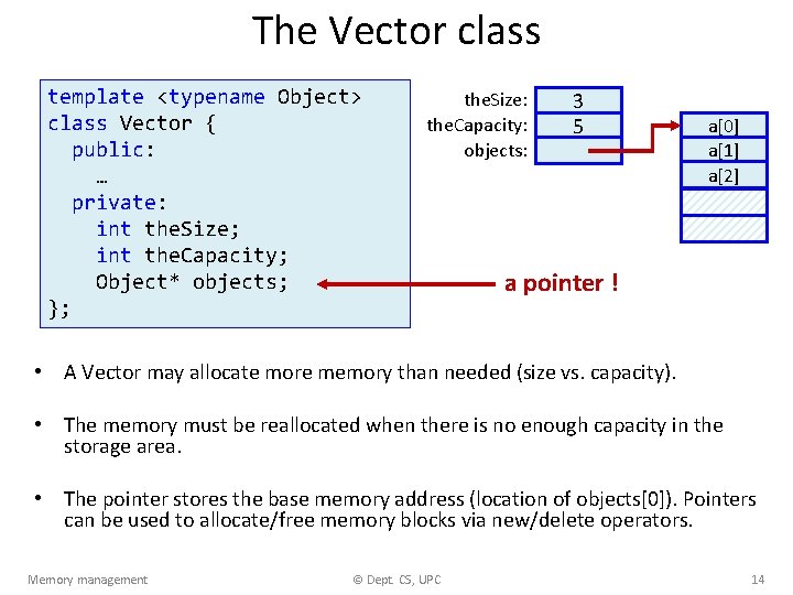The Vector class template <typename Object> class Vector { public: … private: int the.