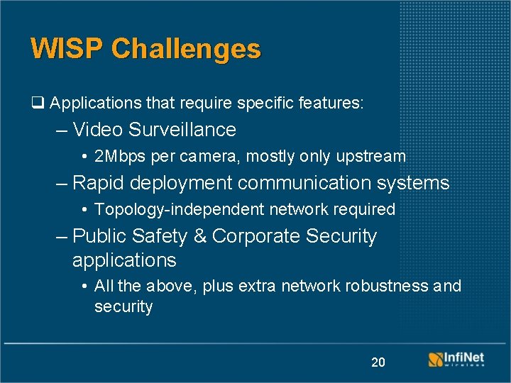 WISP Challenges q Applications that require specific features: – Video Surveillance • 2 Mbps