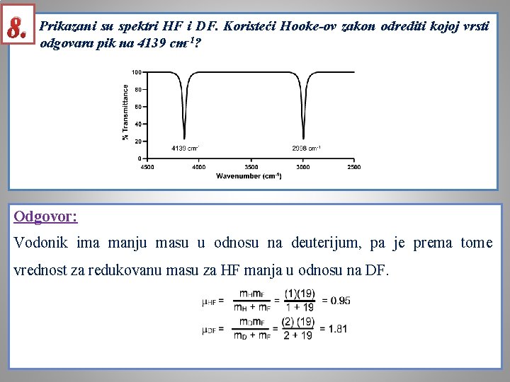 8. Prikazani su spektri HF i DF. Koristeći Hooke-ov zakon odrediti kojoj vrsti odgovara