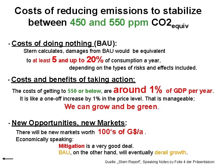 Costs of reducing emissions to stabilize between 450 and 550 ppm CO 2 equiv