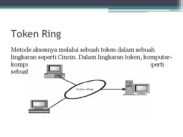 Token Ring Metode aksesnya melalui sebuah token dalam sebuah lingkaran seperti Cincin. Dalam lingkaran