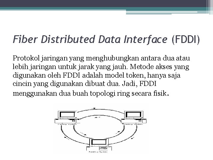 Fiber Distributed Data Interface (FDDI) Protokol jaringan yang menghubungkan antara dua atau lebih jaringan Fiber Distributed Data Interface (FDDI) Protokol jaringan yang menghubungkan antara dua atau lebih jaringan