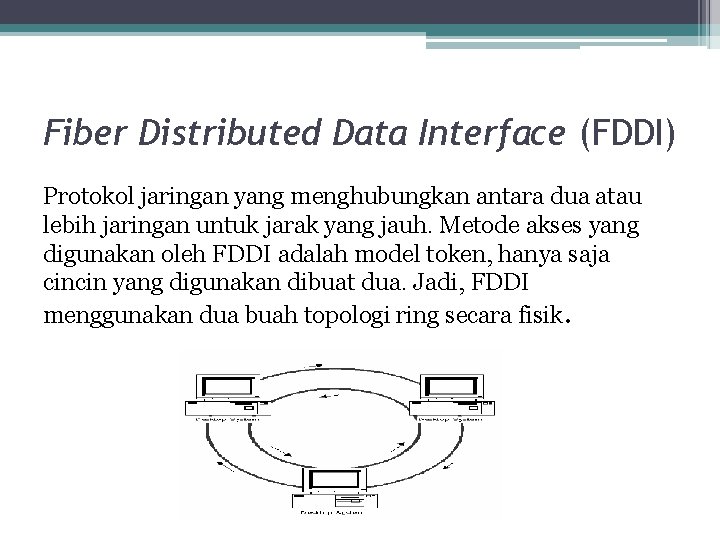 Fiber Distributed Data Interface (FDDI) Protokol jaringan yang menghubungkan antara dua atau lebih jaringan