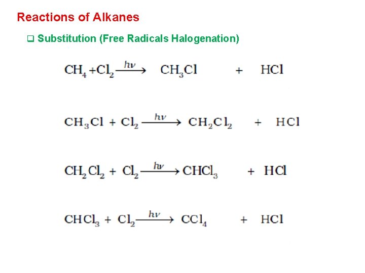 Reactions of Alkanes q Substitution (Free Radicals Halogenation) 