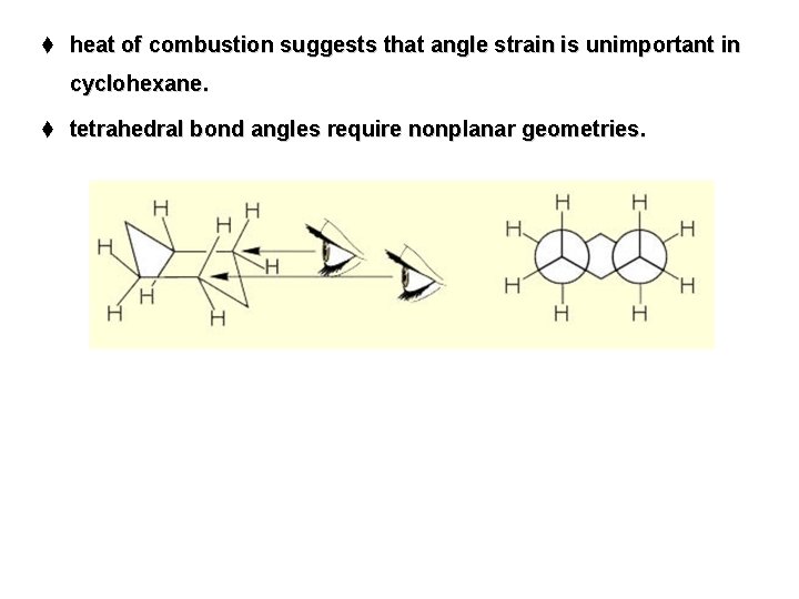t heat of combustion suggests that angle strain is unimportant in cyclohexane. t tetrahedral