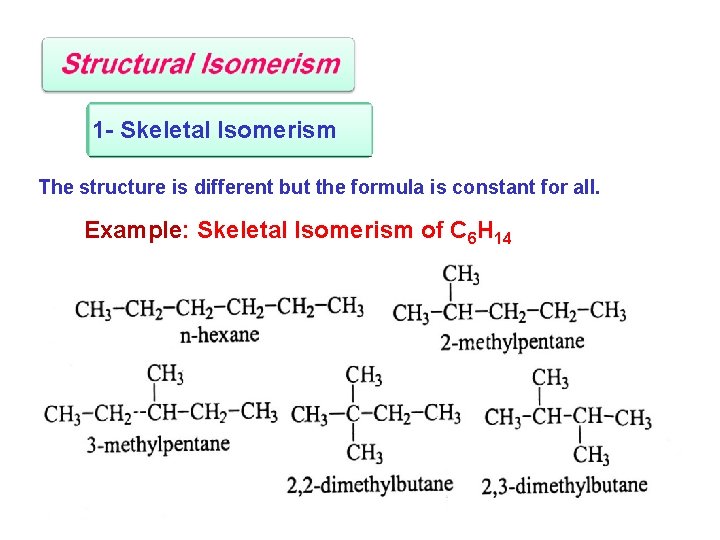 1 - Skeletal Isomerism The structure is different but the formula is constant for
