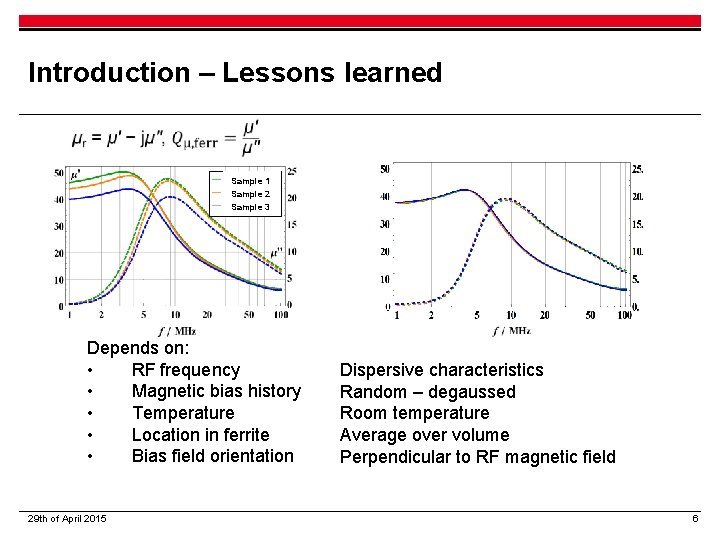 Introduction – Lessons learned Sample 1 Sample 2 Sample 3 Depends on: • RF