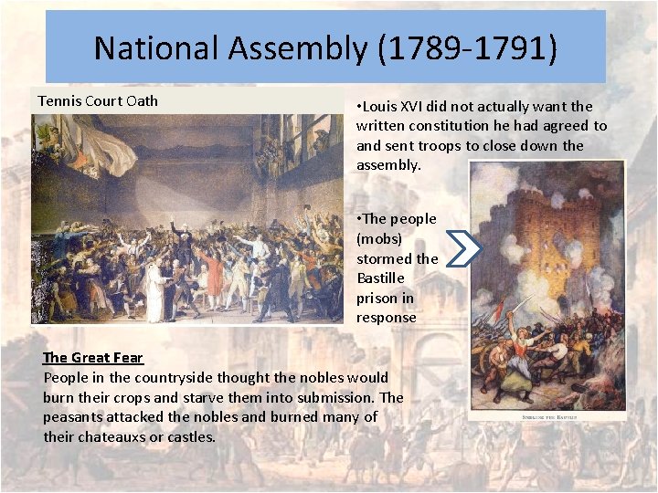 National Assembly (1789 -1791) Tennis Court Oath • Louis XVI did not actually want