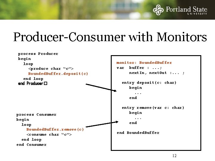 Producer-Consumer with Monitors process Producer begin loop <produce char “c”> Bounded. Buffer. deposit(c) end