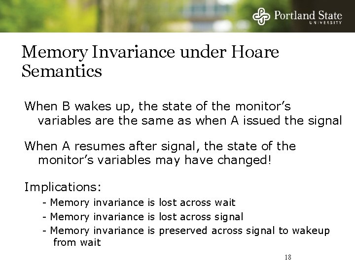 Memory Invariance under Hoare Semantics When B wakes up, the state of the monitor’s