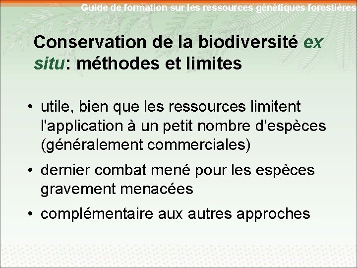 Guide de formation sur les ressources génétiques forestières Conservation de la biodiversité ex situ: