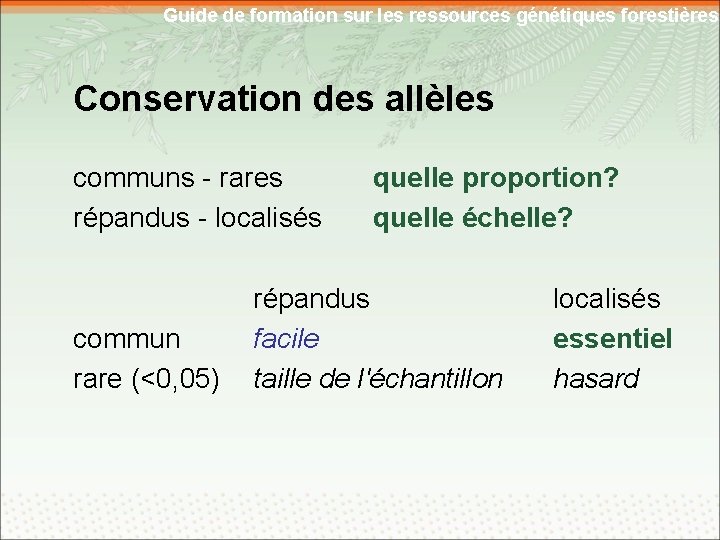 Guide de formation sur les ressources génétiques forestières Conservation des allèles communs - rares