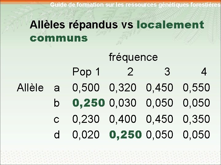 Guide de formation sur les ressources génétiques forestières Allèles répandus vs localement communs Allèle