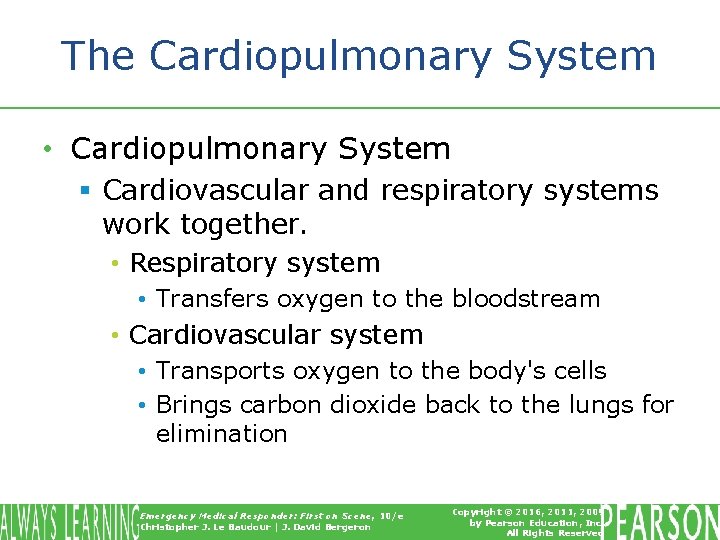 The Cardiopulmonary System • Cardiopulmonary System § Cardiovascular and respiratory systems work together. •
