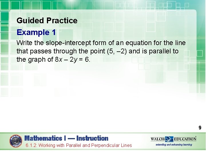 Guided Practice Example 1 Write the slope-intercept form of an equation for the line