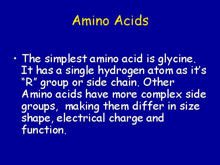 Amino Acids • The simplest amino acid is glycine. It has a single hydrogen