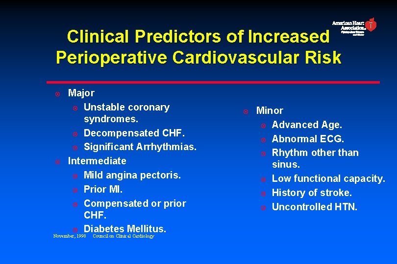 Clinical Predictors of Increased Perioperative Cardiovascular Risk ¤ ¤ Major ¤ Unstable coronary syndromes.