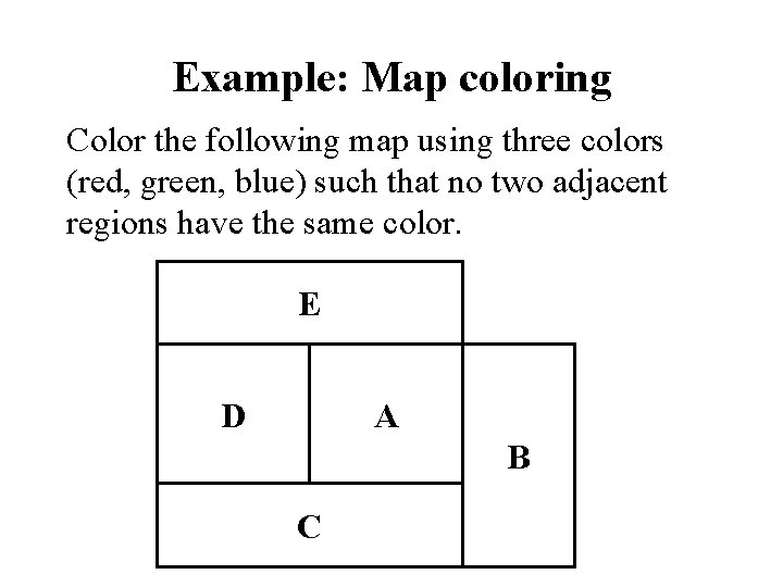 Example: Map coloring Color the following map using three colors (red, green, blue) such