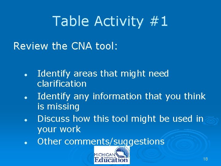 Table Activity #1 Review the CNA tool: l l Identify areas that might need