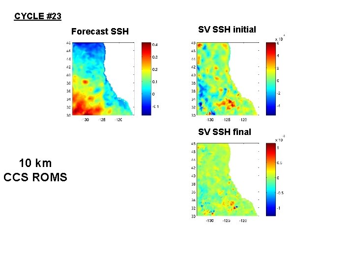 CYCLE #23 Forecast SSH SV SSH initial SV SSH final 10 km CCS ROMS CYCLE #23 Forecast SSH SV SSH initial SV SSH final 10 km CCS ROMS