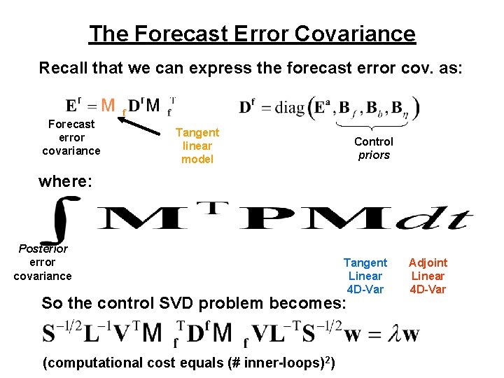 The Forecast Error Covariance Recall that we can express the forecast error cov. as: The Forecast Error Covariance Recall that we can express the forecast error cov. as: