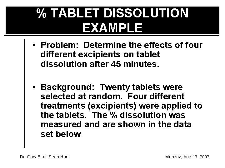 % TABLET DISSOLUTION EXAMPLE • Problem: Determine the effects of four different excipients on