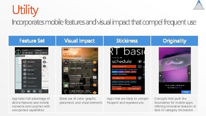 Utility Incorporates mobile features and visual impact that compel frequent use § Useful apps Utility Incorporates mobile features and visual impact that compel frequent use § Useful apps