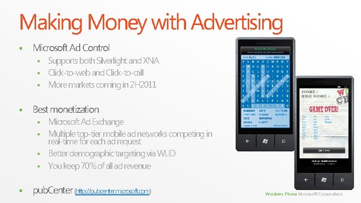 Making Money with Advertising § Microsoft Ad Control Supports both Silverlight and XNA § Making Money with Advertising § Microsoft Ad Control Supports both Silverlight and XNA §