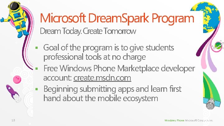 Microsoft Dream. Spark Program Dream Today. Create Tomorrow Goal of the program is to Microsoft Dream. Spark Program Dream Today. Create Tomorrow Goal of the program is to
